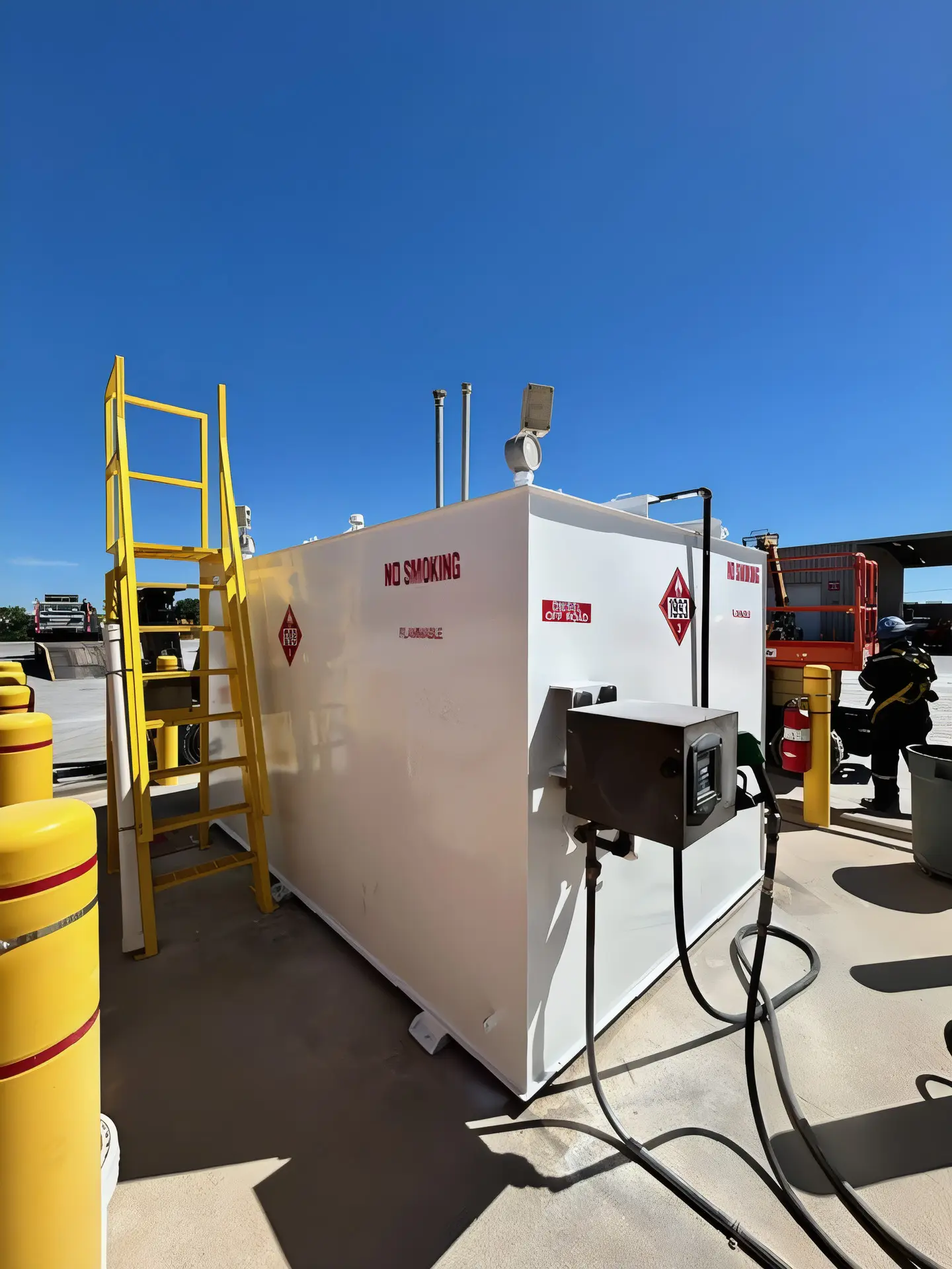 Bollards and safety railing set around a flammable storage tank at an industrial site