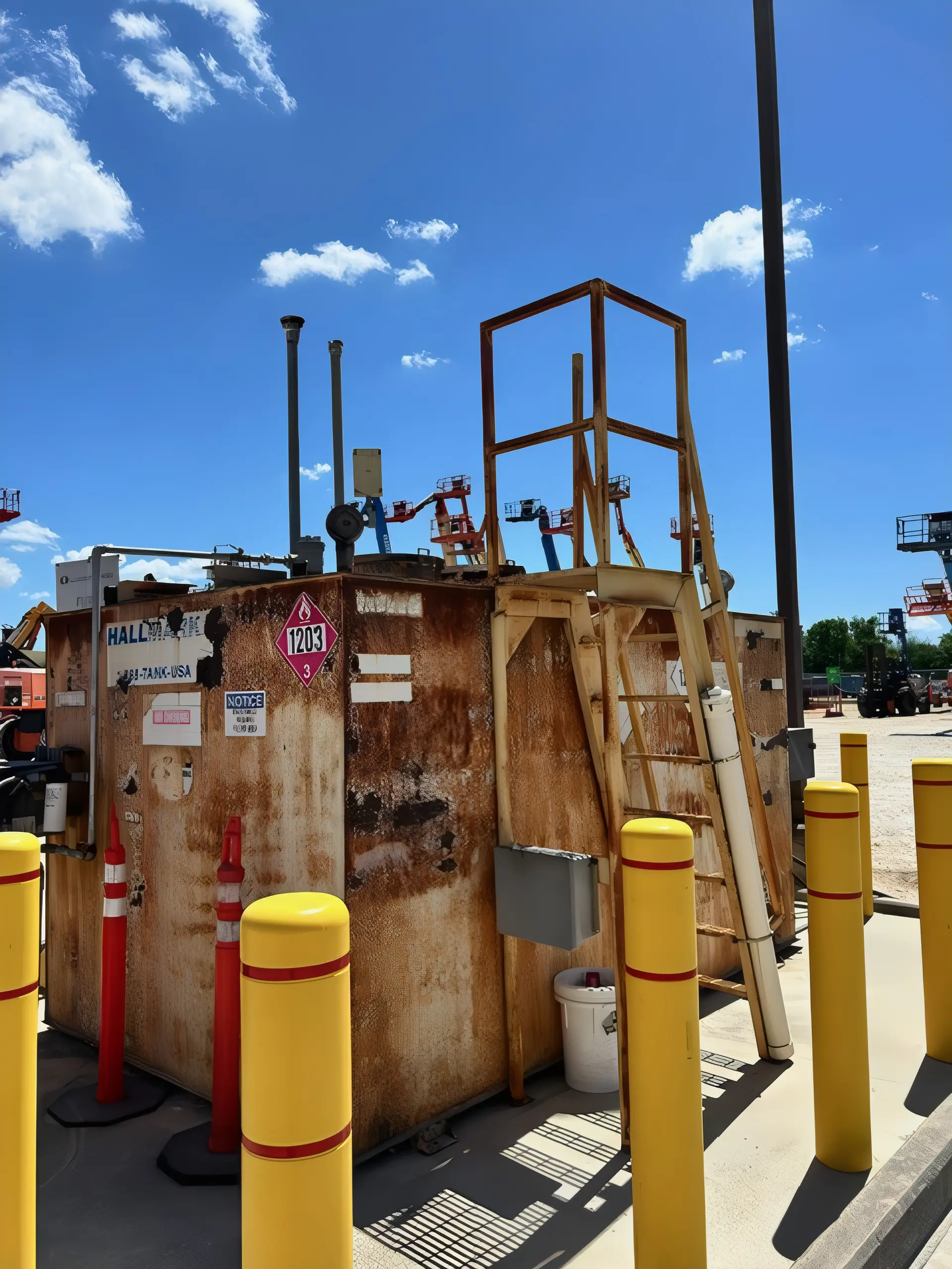Yellow safety bollards with red reflective bands standing guard around a fuel storage tank