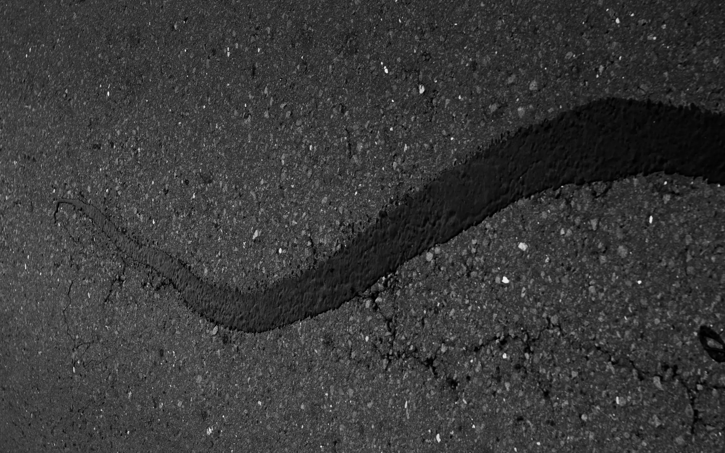 A filled asphalt crack — a black rubberized seal running across the pavement