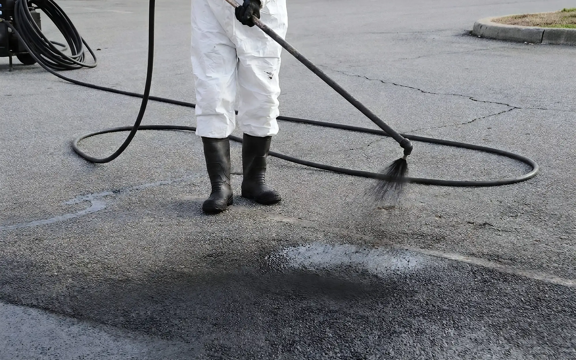 Sealer spraying from a hand wand onto a grey commercial parking lot