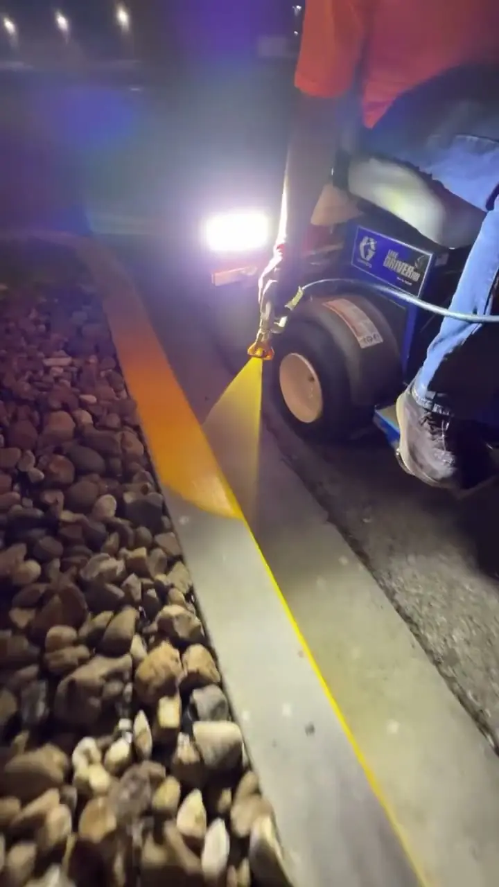 Spray gun laying fresh yellow paint along a curb at night